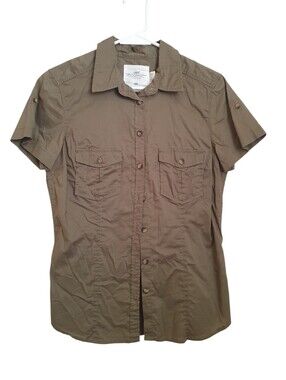H&M L.O.G.G. Olive Green Short Sleeve 100% Cotton Button Up Shirt Women's Size 8